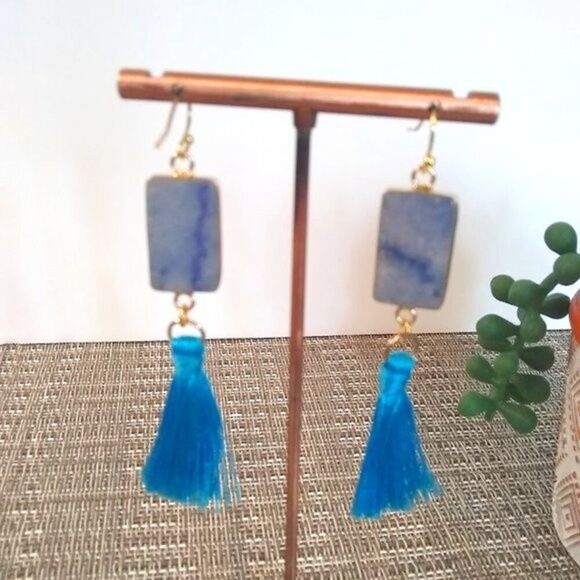 Blue Aventurine Tassel Earrings - Picture 4 of 4